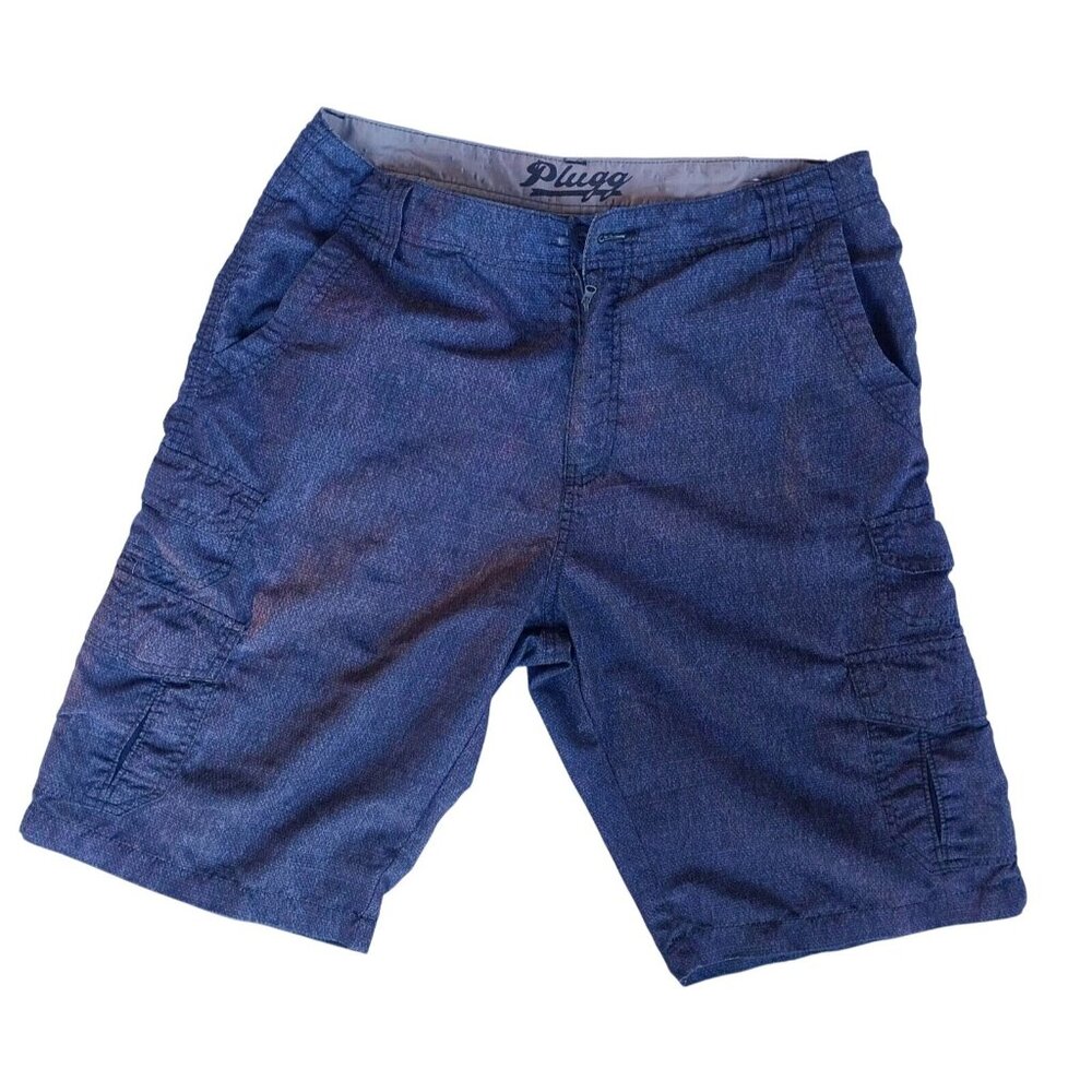 Plugg Mens Cargo Shorts Denim Look Size 33 With Multiple Pockets & Button Closur